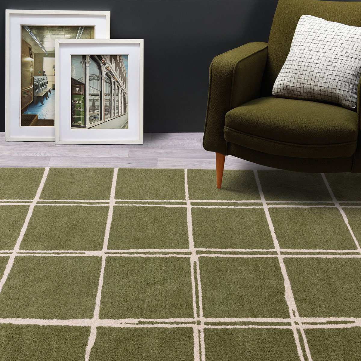 ALBANY GRID OLIVE WOOL RUG LIFESTYLE
